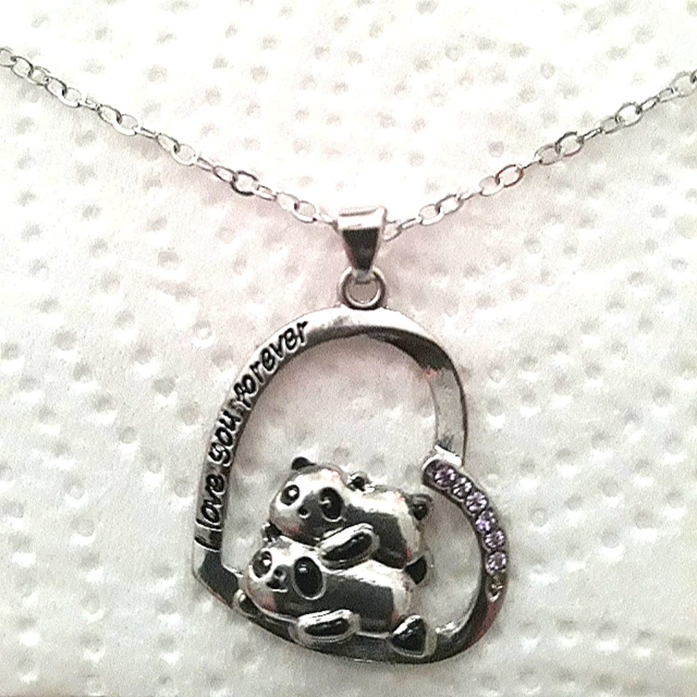 Cute Elegant Silver CZ Panda Bear "I Love You Forever"  inscription Necklace NWT